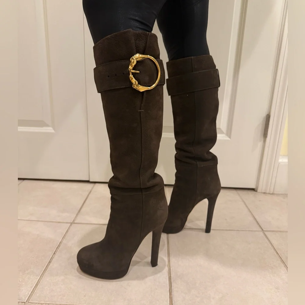 Gucci Dark Brown Suede Over-the-Knee Heeled Boots